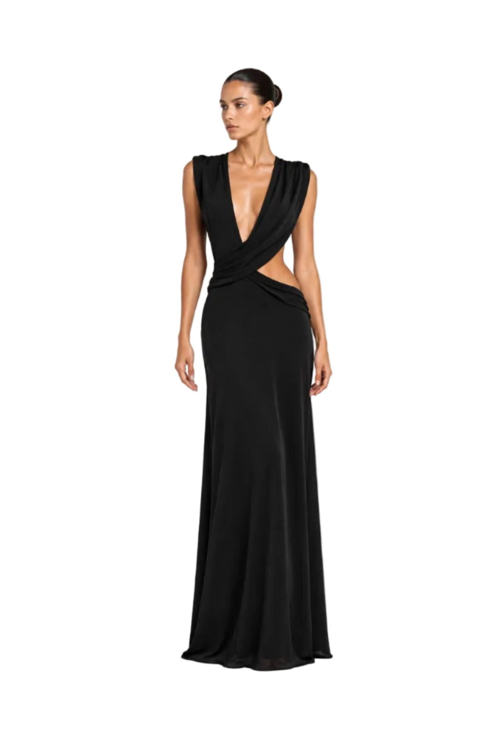 A woman modeling a sleeveless black floor-length gown with a deep plunging V-neckline, draped crossover bodice, and side cutout, photographed against a plain light gray studio background.
