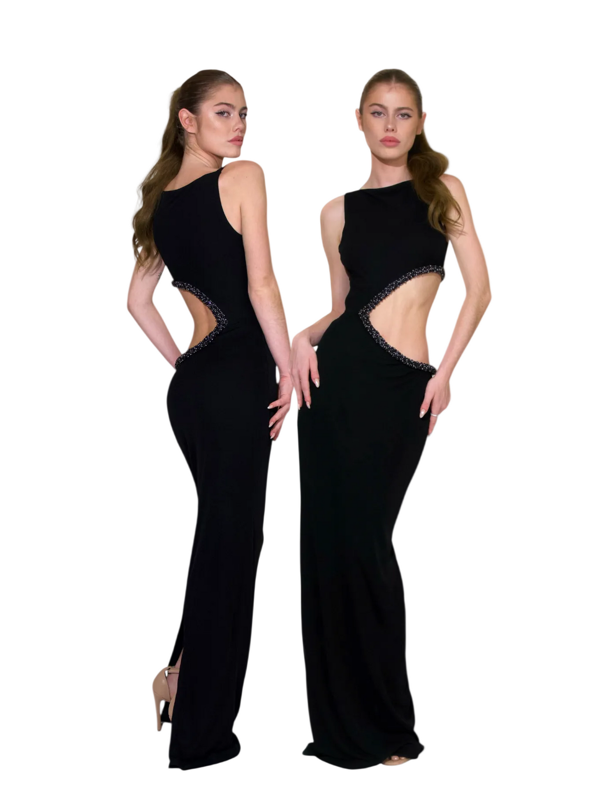 Model wearing black cut-out maxi dresses by Jane Gala on a white background showing front and back of the dress