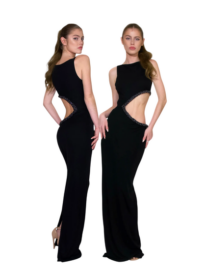 Model wearing black cut-out maxi dresses by Jane Gala on a white background showing front and back of the dress