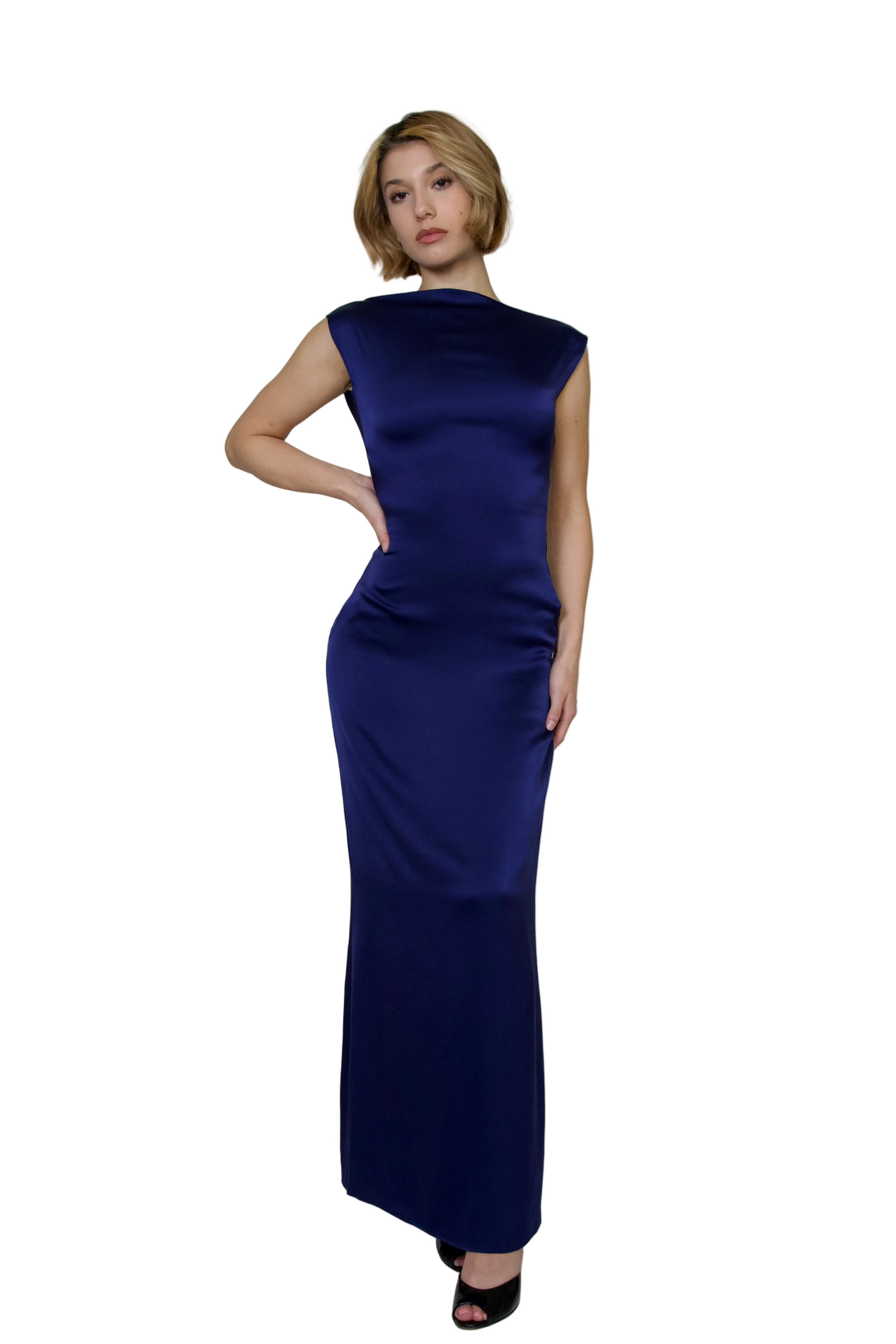 Curved Boatneck Silk Maxi Dress