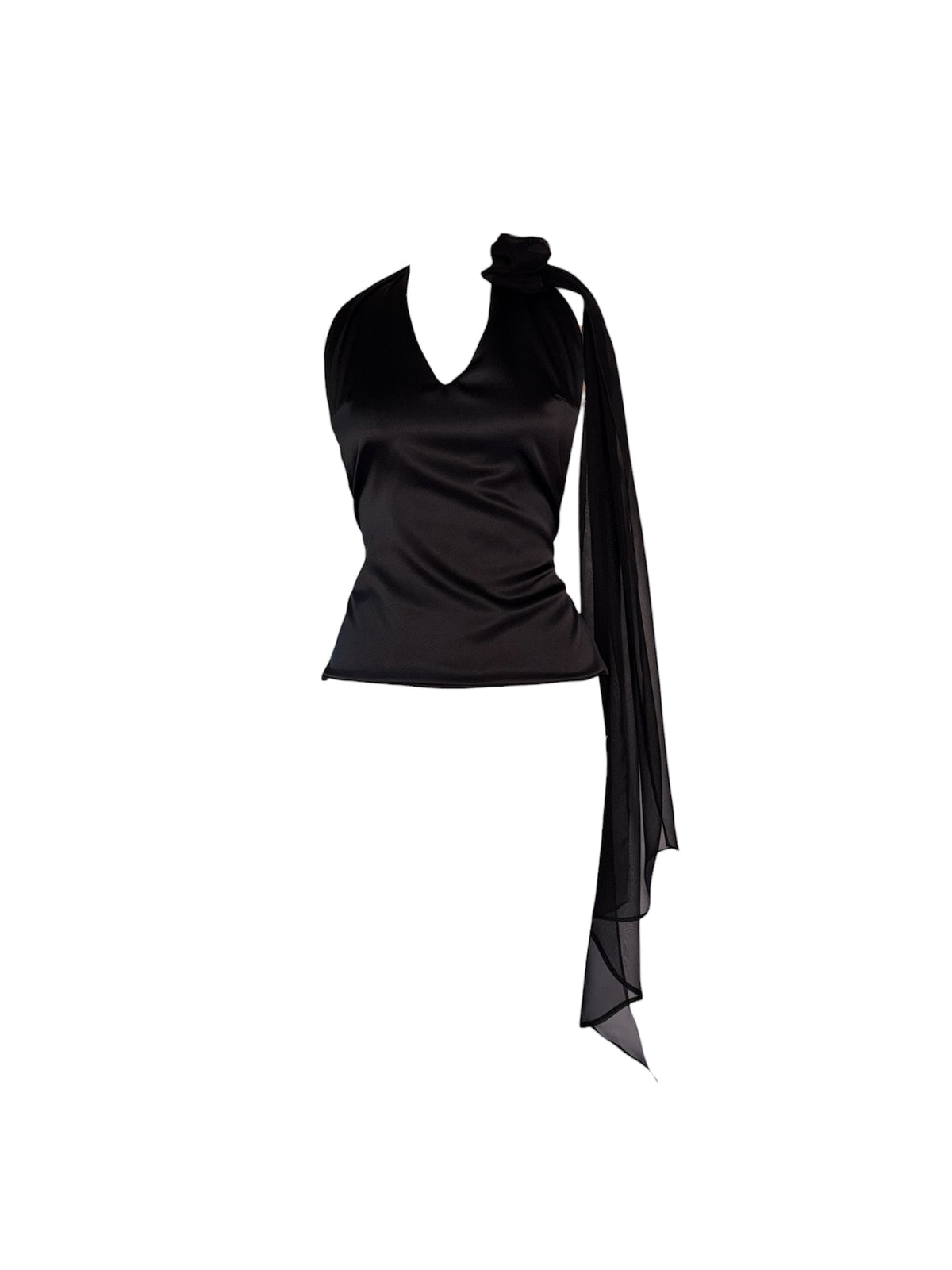 Black Silk Halter Blouse with Chiffon Drape