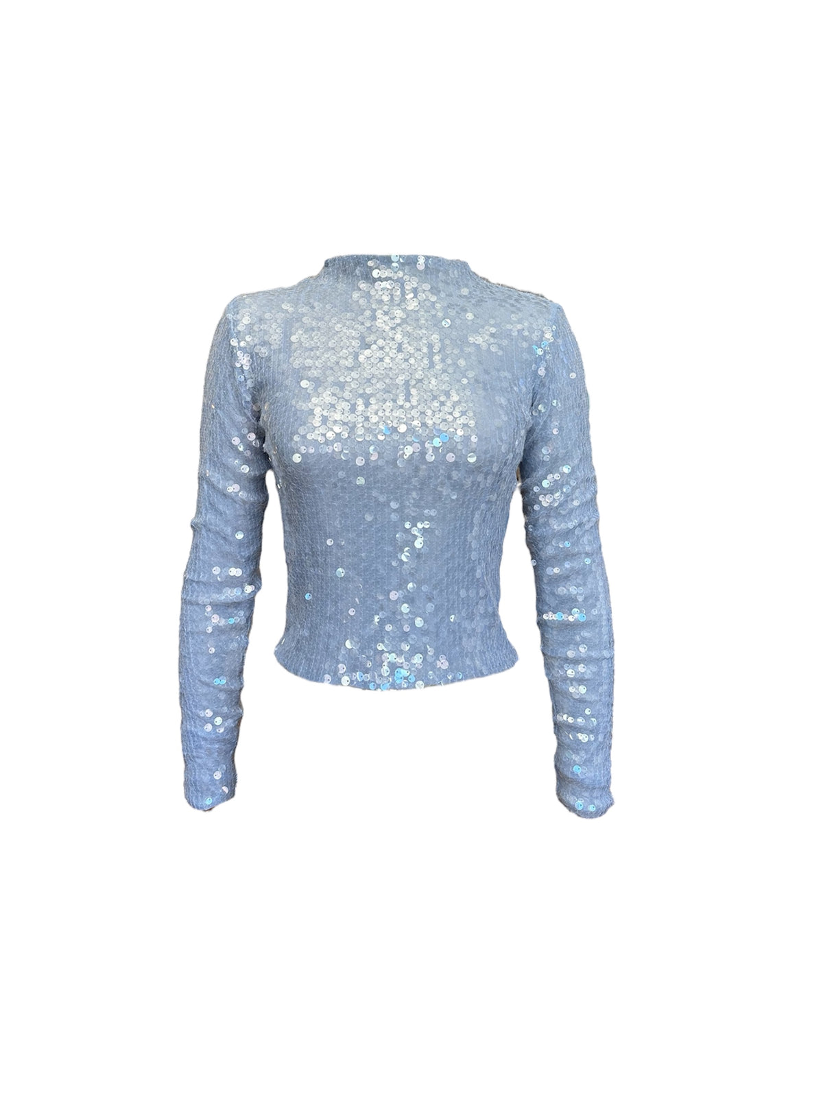 Dusty Blue Sequin Mock Neck Long Sleeve