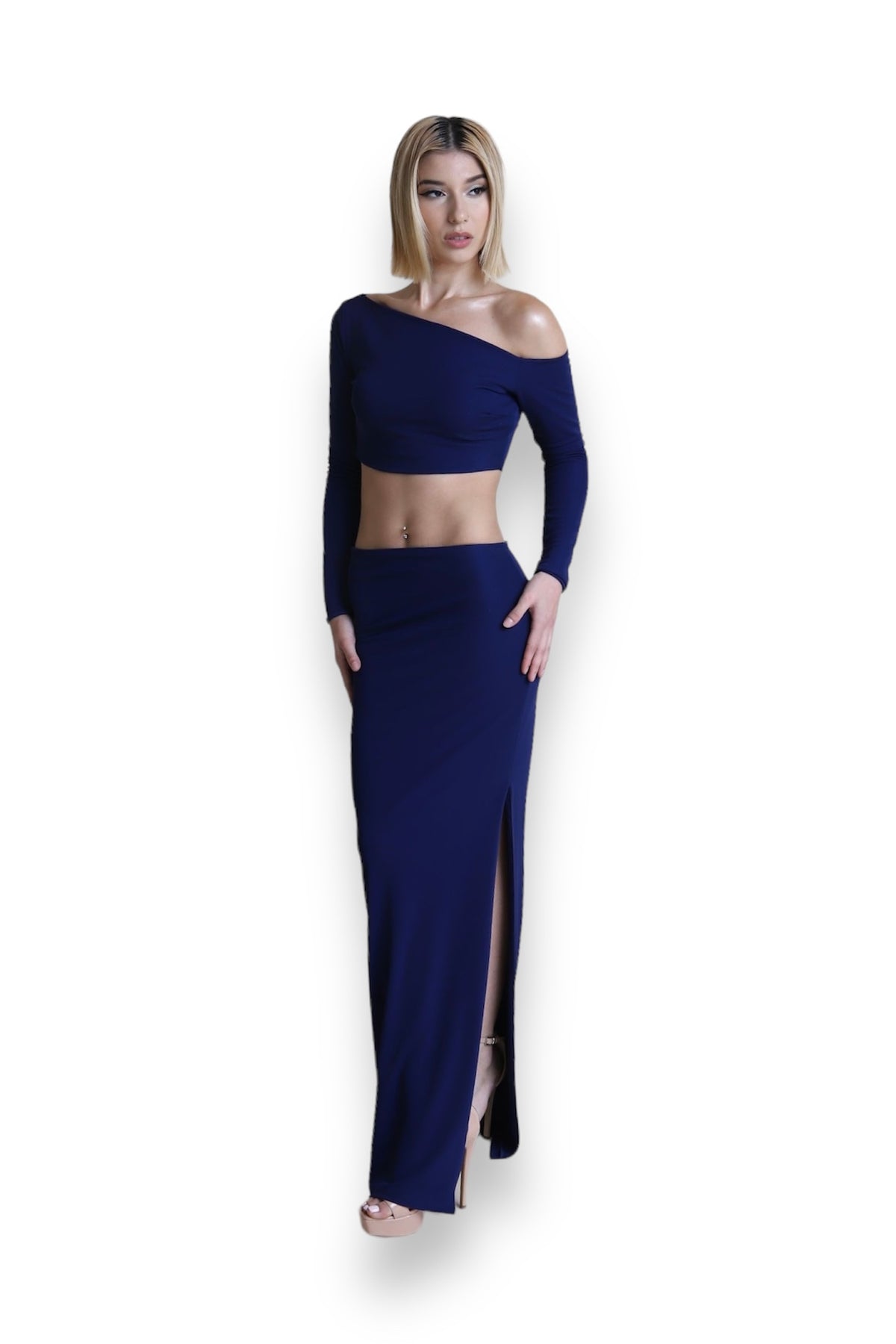 Asymmetrical Long Sleeve Crop Top & Skirt Set