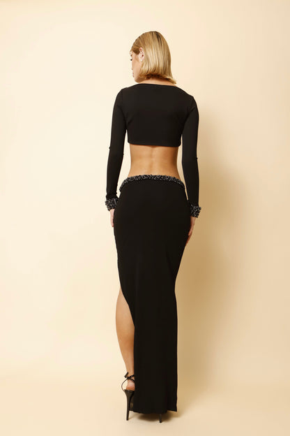 Low Waist Embroidered Knit Maxi Skirt