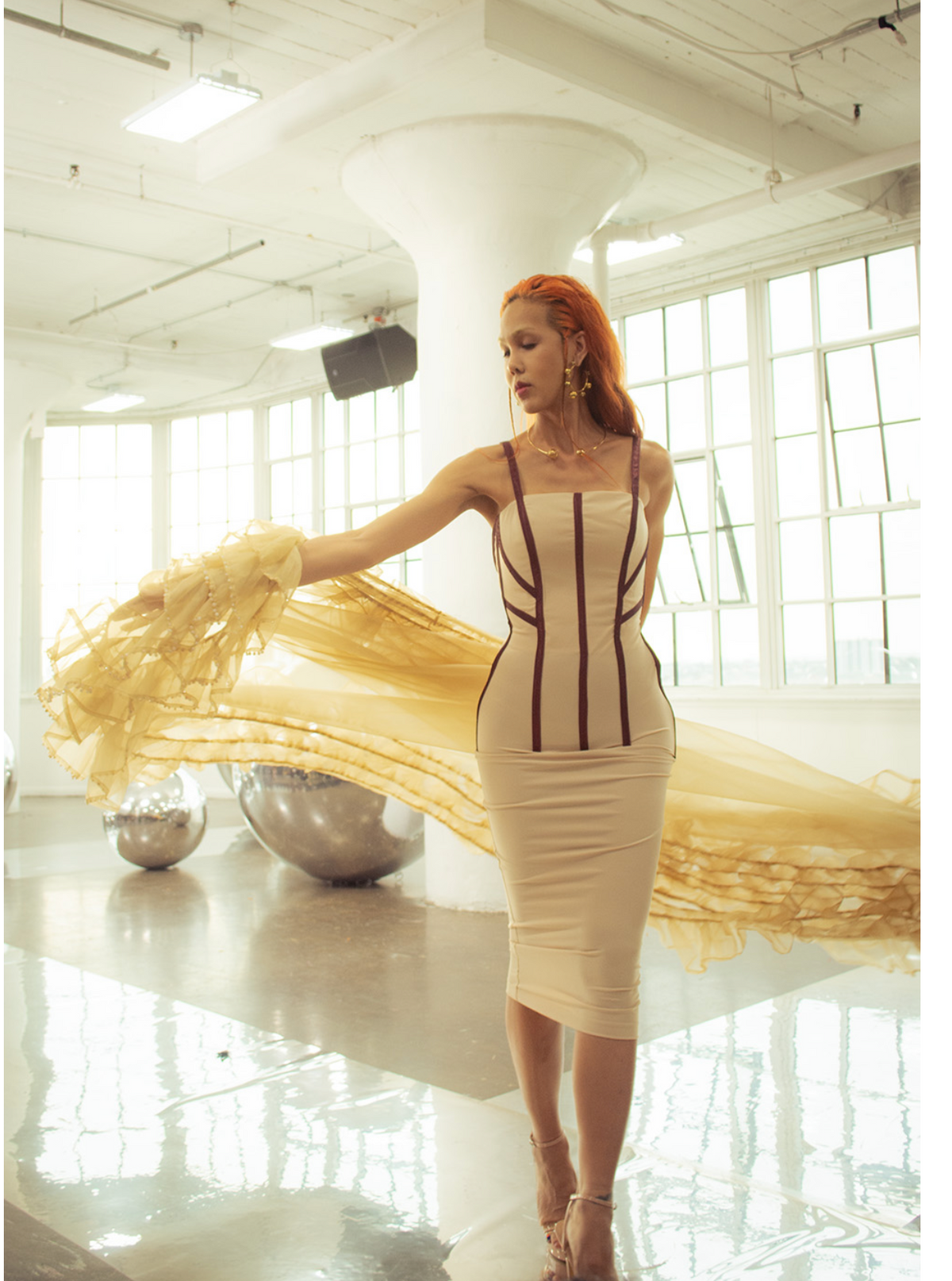 Nude Silk Organza Hand-Beaded Ruffled Cape