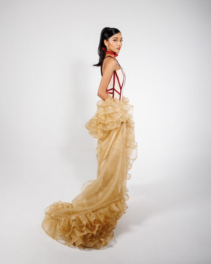 Nude Silk Organza Hand-Beaded Ruffled Cape