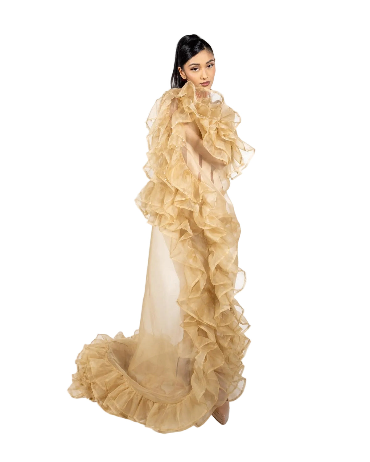 Nude Silk Organza Hand-Beaded Ruffled Cape